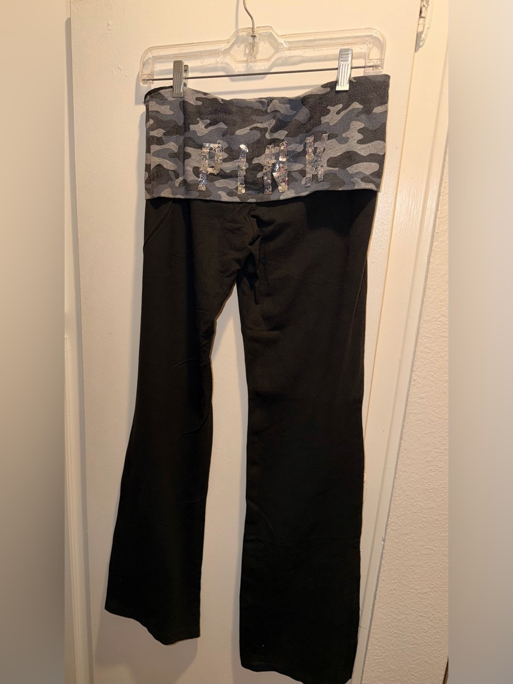 Victoria’s Secret -Black Leggings with Gray Camo Fold over Waistband, Y2-K.